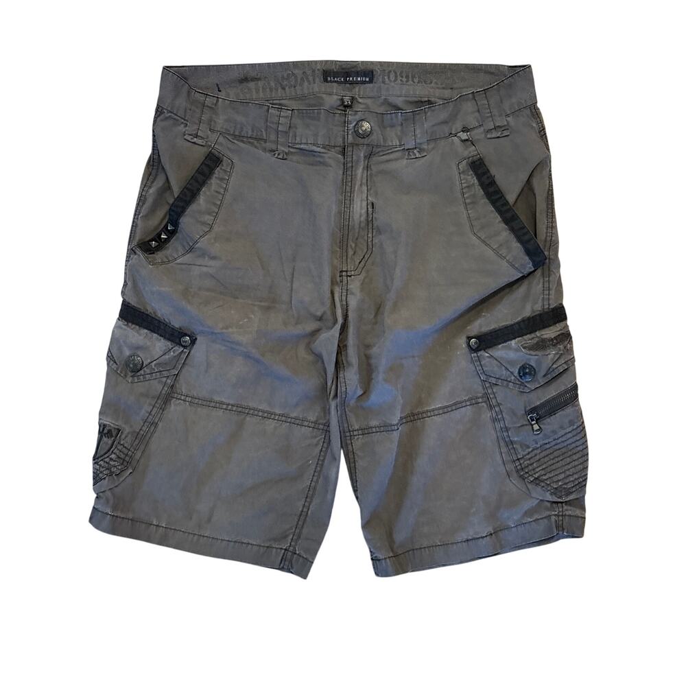 Affliction black premium 34 cargo Y2K distressed shorts studs patches snaps
